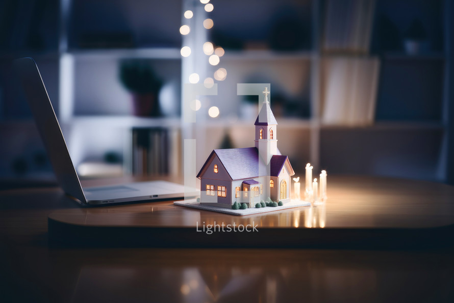 Miniature house on the table with a laptop and candles in the background
