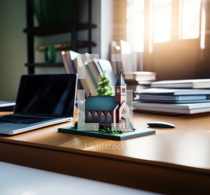 Miniature model of a church on a desk with books and laptop