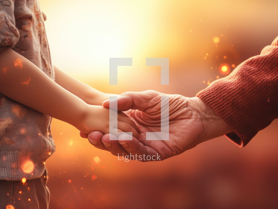 Grandfather and granddaughter holding hands on sunset background. Happy family concept