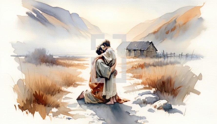 Parable of the Prodigal Son. 20th Parable of Jesus Christ. Watercolor Biblical Illustration