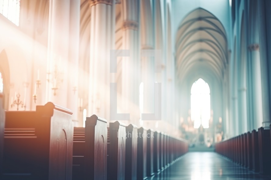 Interior of a church with sunlight and lens flare filter effect retro vintage style