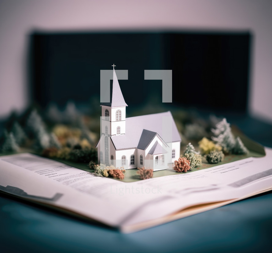 Miniature model of christian church and book on blue background.