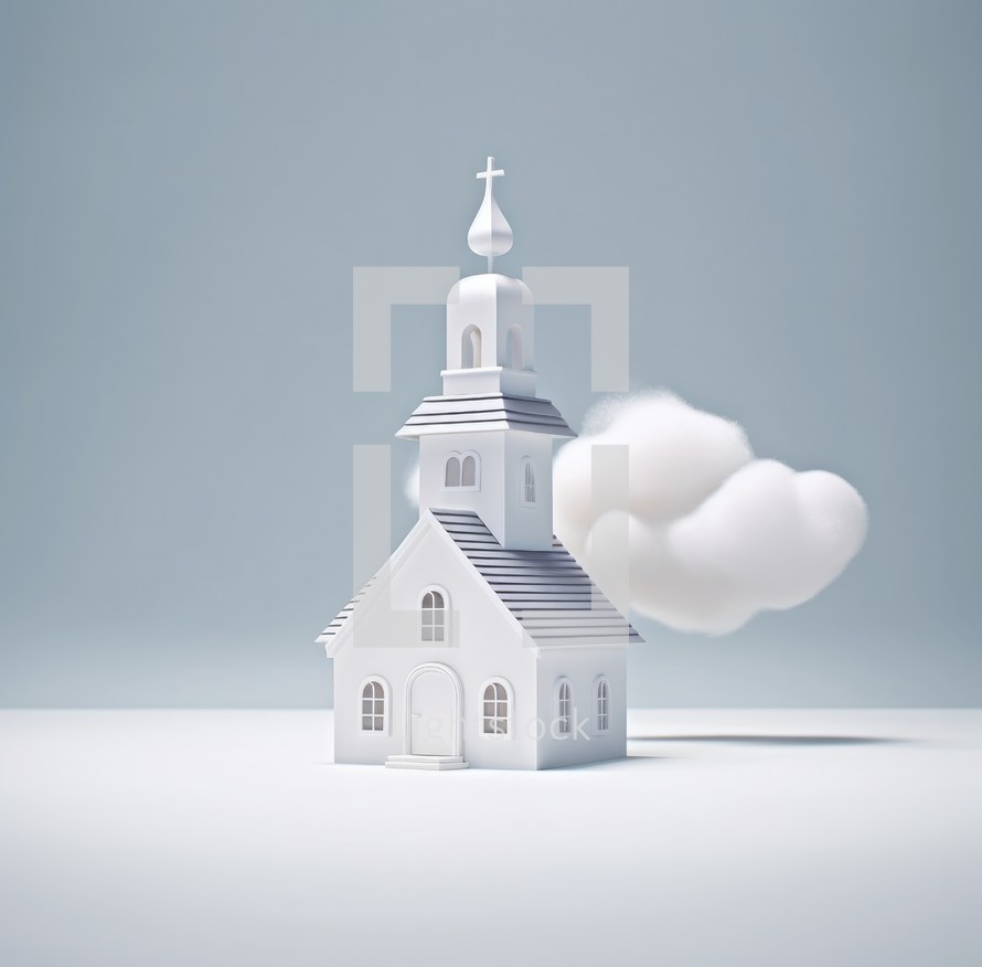 White church in the clouds on a gray background. 3d rendering
