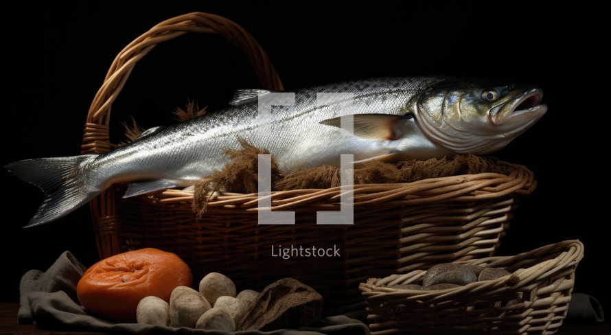 "Feeding the multitude". Fresh raw rainbow trout in a wicker basket on a black background