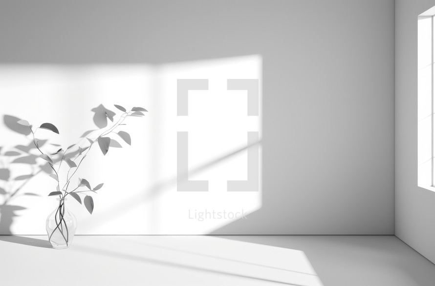 Beautiful white room with shadow from window and plant.