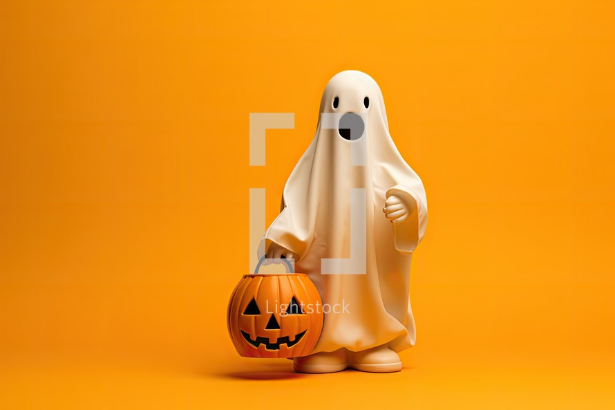 Halloween ghost with pumpkin on orange background. 3d illustration.