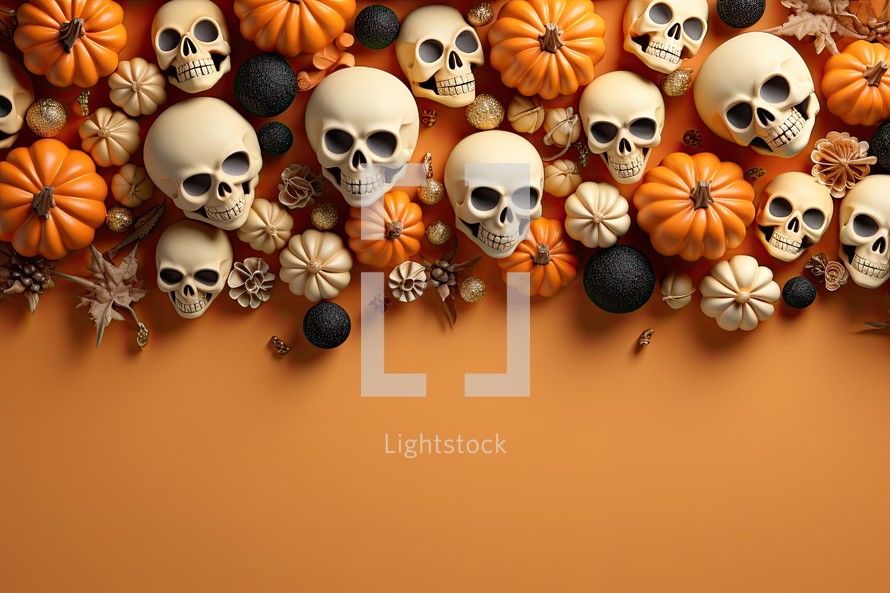 Halloween background with pumpkins, skulls and autumn leaves on orange background