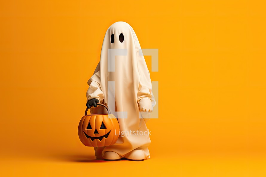 Halloween ghost with pumpkin on orange background. 3d illustration.