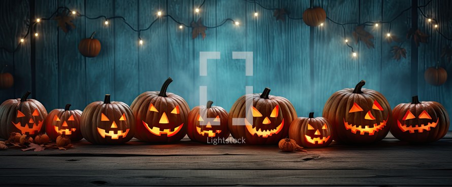 Halloween pumpkins with scary faces on wooden background. 3D rendering