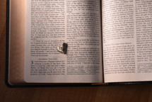 small heart stone on the pages of an opened Bible 