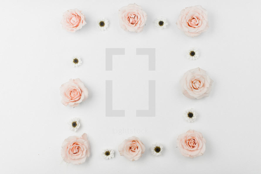 frame of pink roses and white mums 