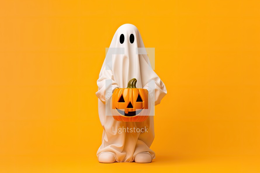 Halloween ghost with pumpkin isolated on orange background. 3d illustration