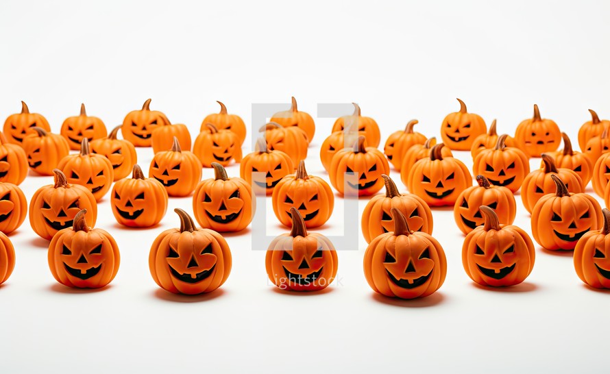 Halloween pumpkin head jack o lantern in row isolated on white background