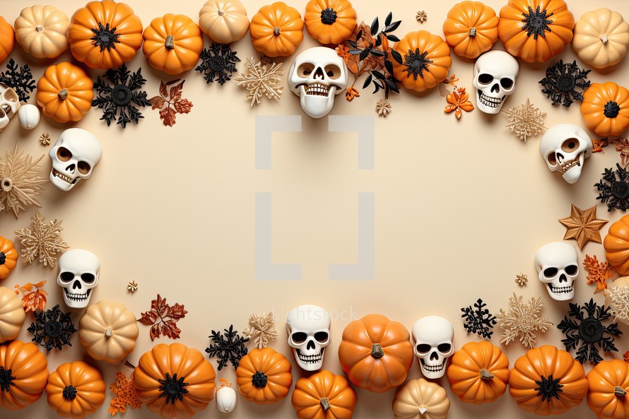 Halloween background with pumpkins and snowflakes, top view