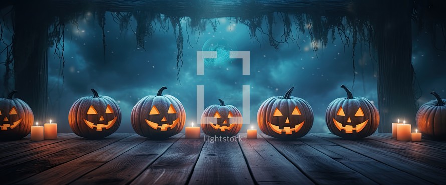 Halloween background with pumpkins and candles. 3D illustration.