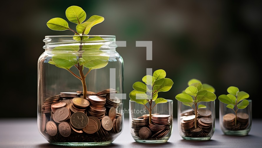 Investment concept, save money for investment concept plant growing out of coins