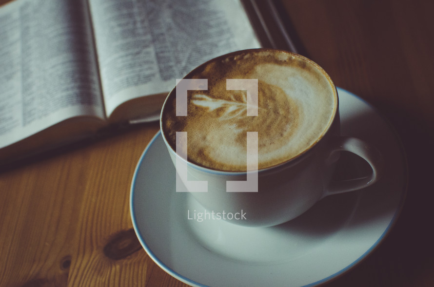 cappuccino and open Bible 