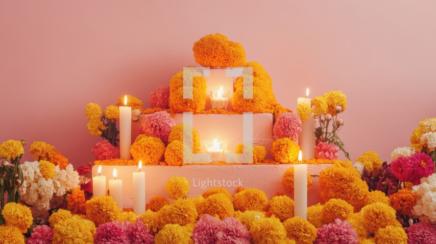 Day of the Dead Altar,  A vibrant Ofrenda adorned with Cempasuchil flowers and lit candles.