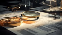Business still life with magnifying glass and financial chart. 3d rendering