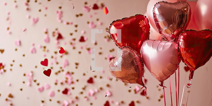 Valentine's Day background with heart shaped balloons and confetti