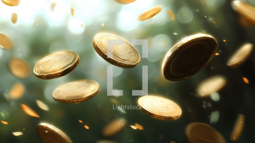 Golden coins falling against a blurred background. Concept of wealth, success, investment and winning.