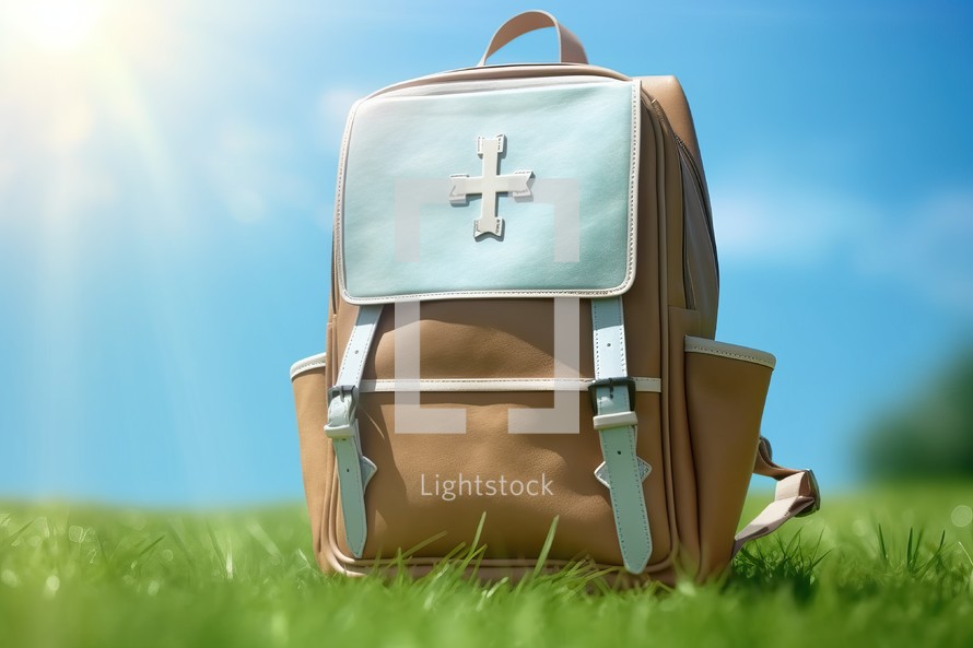 Backpack on the Grass with Blue Background