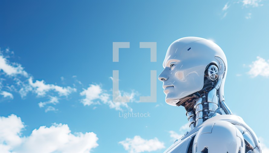 Robot humanoid face on blue sky background.