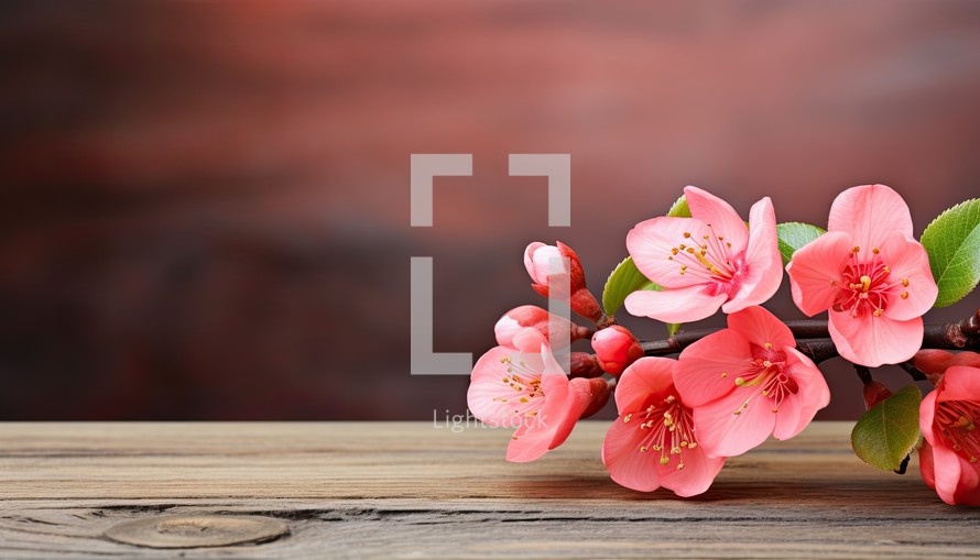 Cherry blossom branch on wooden table with space for your text