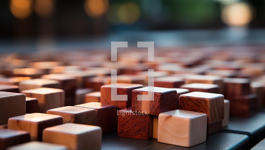 Wooden blocks on the table in the park. Selective focus.