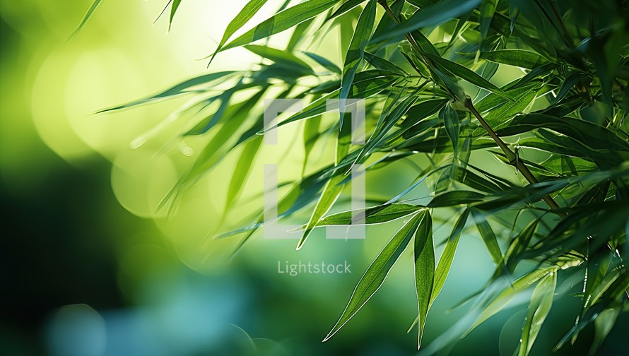 bamboo leaves on green background, shallow depth of field, selective focus