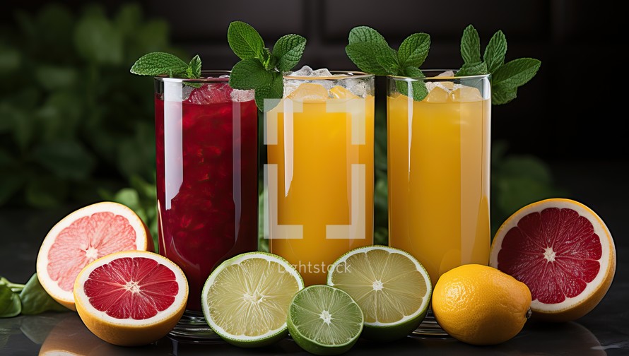 Variety of fresh juices in glasses on dark background, close up