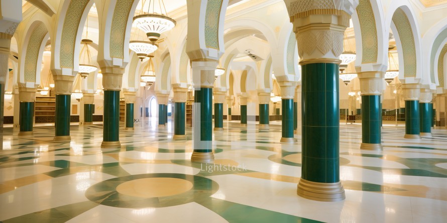  A spacious and elegant mosque interior with green pillars and arched ceilings
