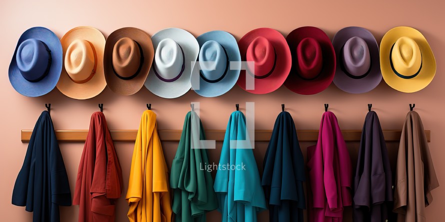  Colorful hats and scarves arranged on a light pink wall