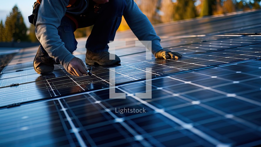  A technician installs solar panels on a roof during sunset
