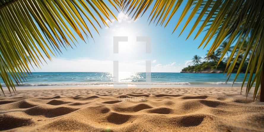  Sunny Tropical Beach with Palm Leaves