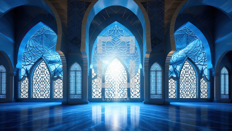  Sunlight illuminates a serene blue mosque interior through intricate windows