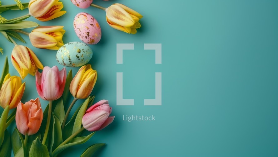 Easter eggs and tulips on turquoise background with copy space