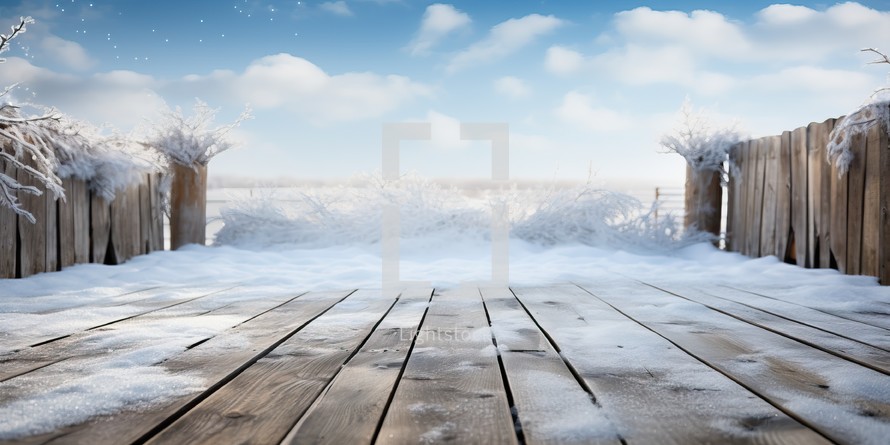 Wooden deck with snow against blue sky over snowy field in winter