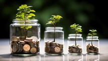 Plant growing from coins in glass jar with green bokeh background