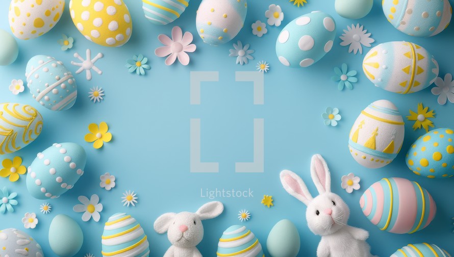 Easter background with colorful eggs, bunny and flowers on blue background