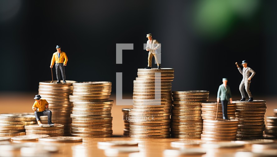 Miniature people. Worker standing on stack of coins, business and finance concept.