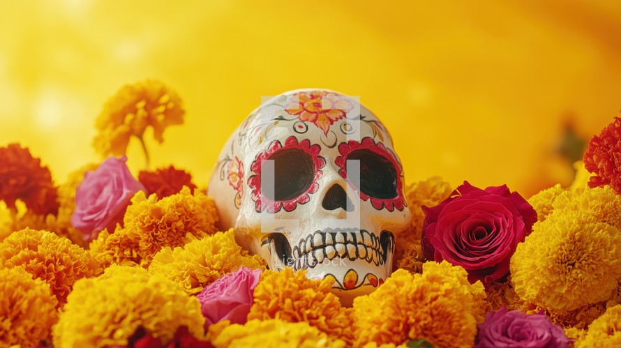 Sugar Skull with Marigold Flowers for Dia de los Muertos Celebration