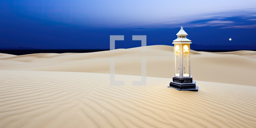  A lantern illuminating a serene desert landscape under a moonlit sky