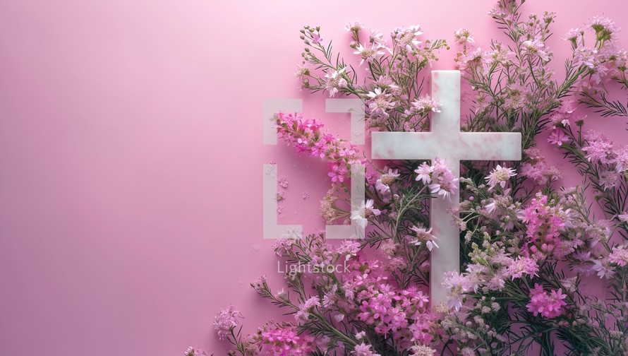 White cross with flowers on a pink background. Christian concept.