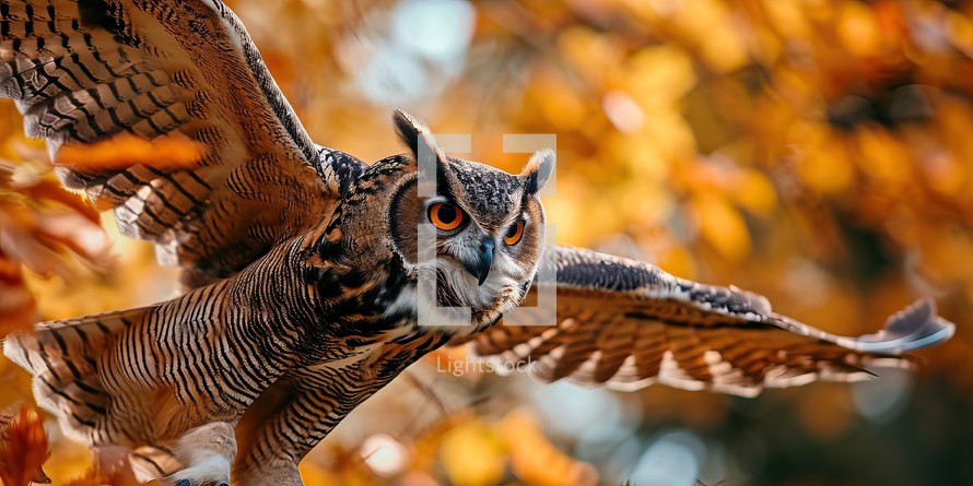  A majestic owl in flight against a backdrop of autumn leaves