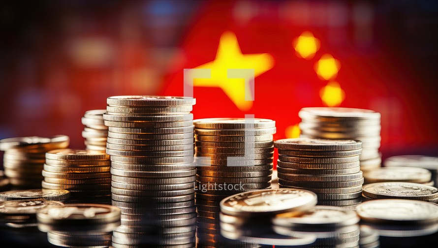 Coins stack on blurred Chinese flag background, business and finance concept.