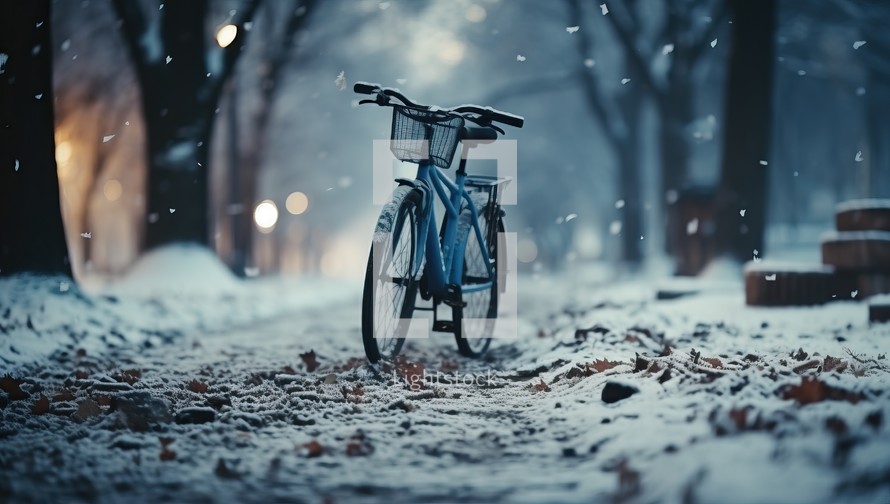 Bicycle in the winter park at night with falling snow. Snowfall.