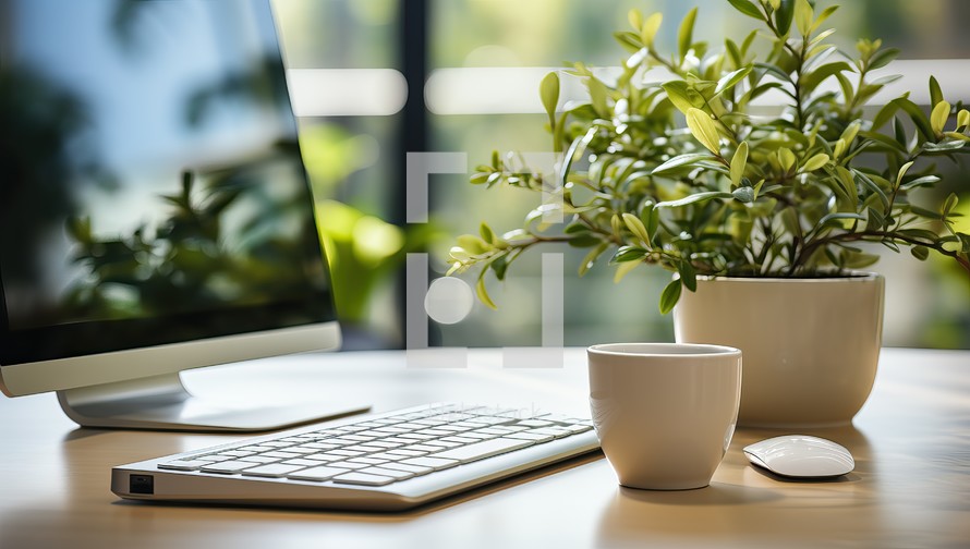 Office desk table with computer, keyboard, coffee cup and plant.