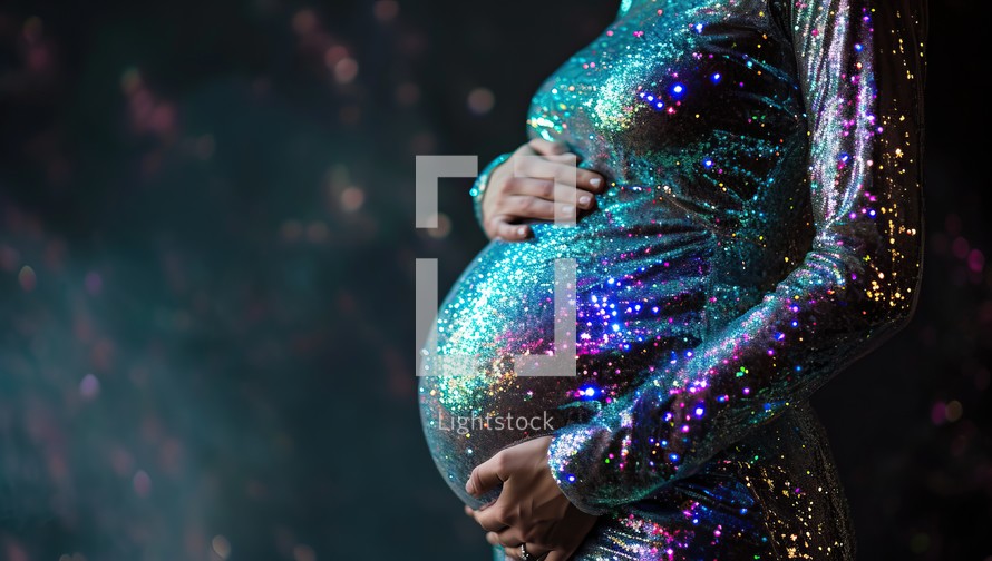  Pregnant woman in a sparkling dress holds her belly against a dark glittery background