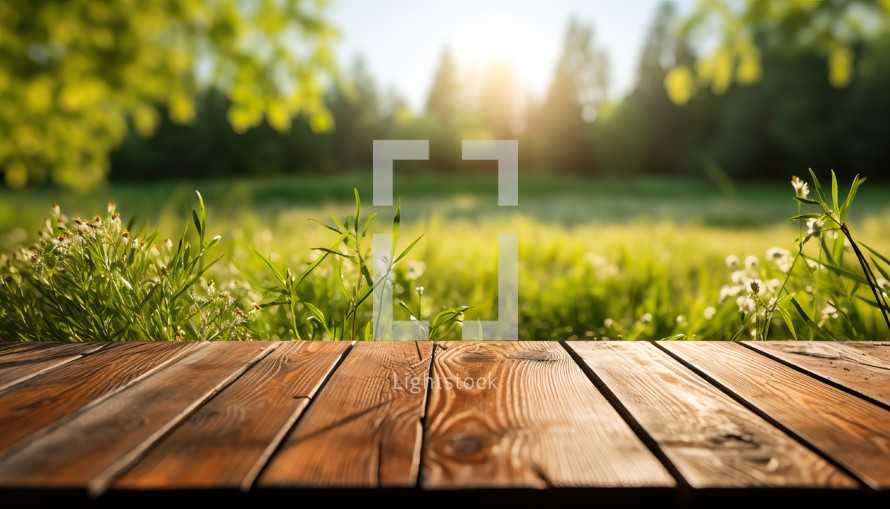 Wooden table in front of green meadow with grass and sun flare